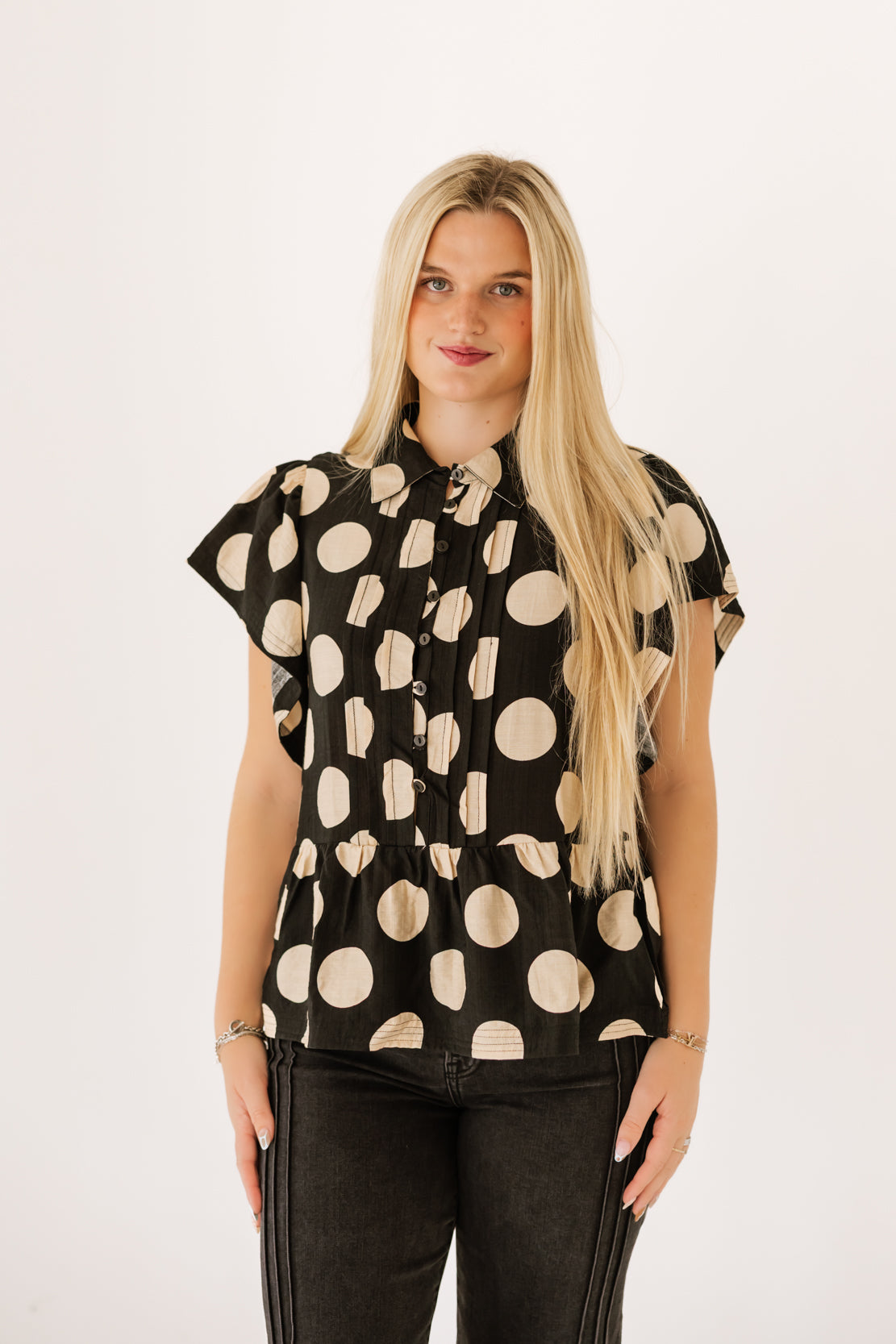 Megan Polka Dot Ruffle Top | Black