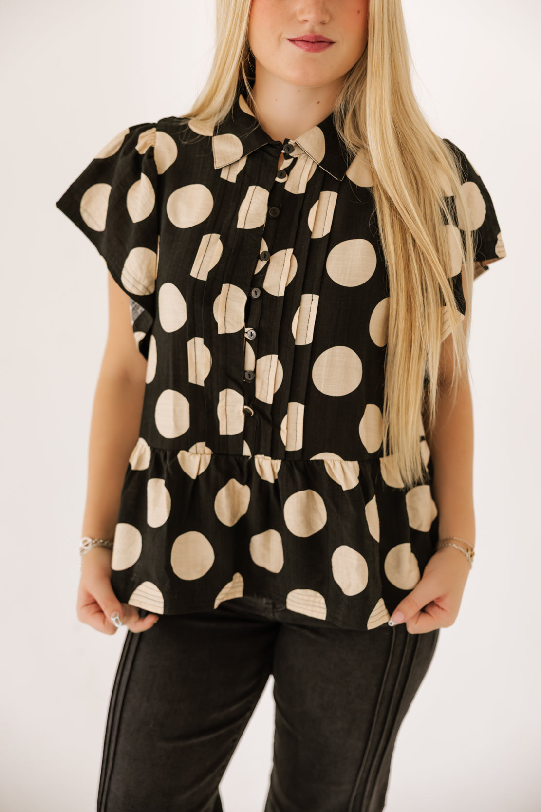 Megan Polka Dot Ruffle Top | Black