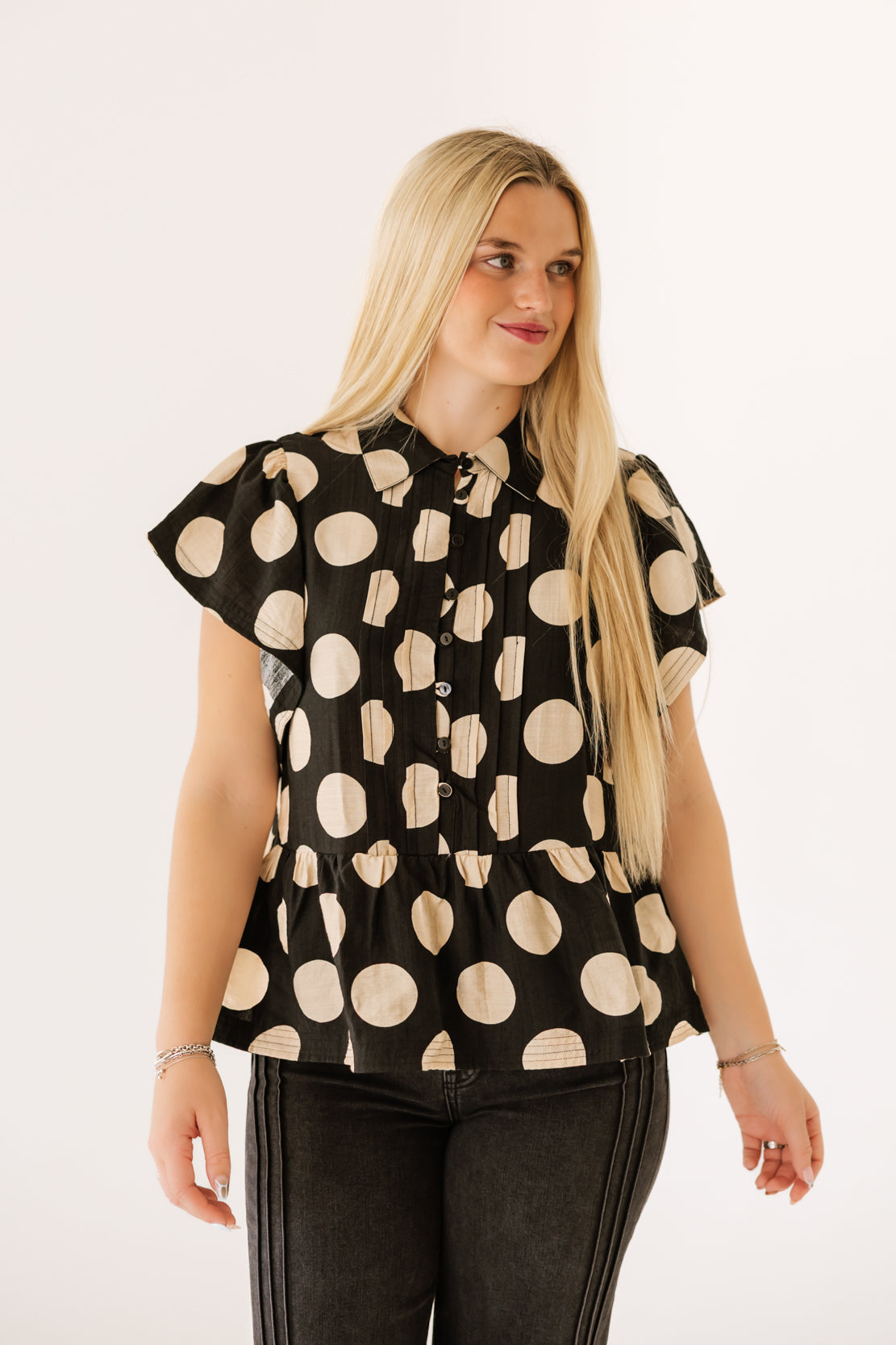 Megan Polka Dot Ruffle Top | Black