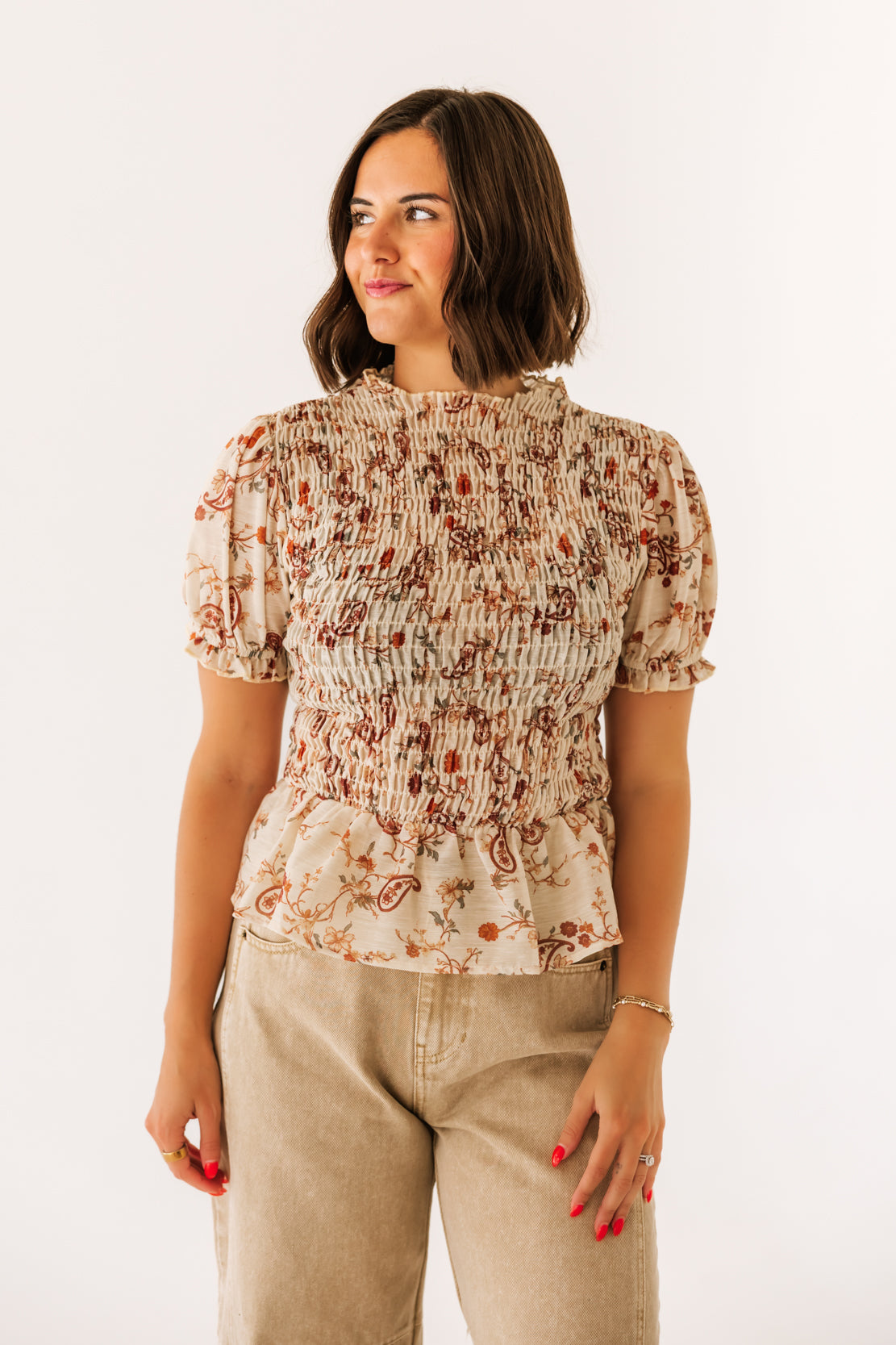 Sarlat Floral Smocked Top | Cream Rust