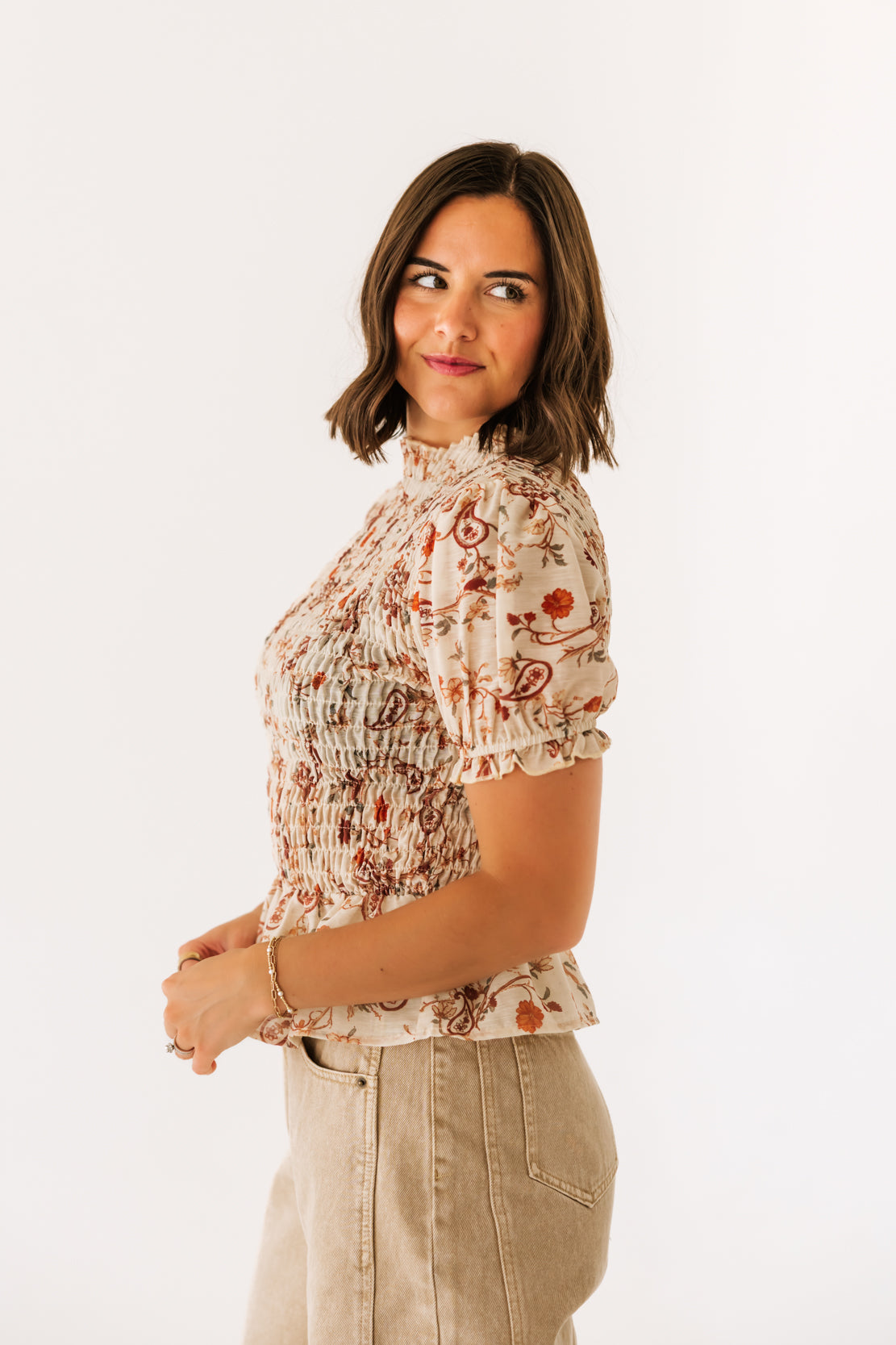 Sarlat Floral Smocked Top | Cream Rust