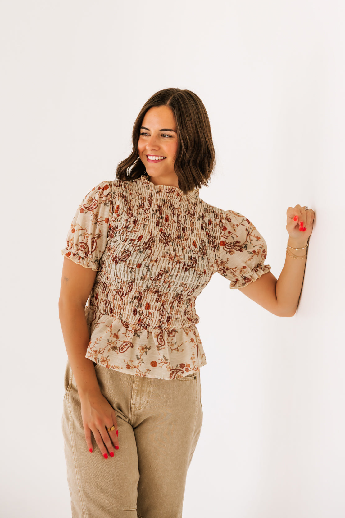 Sarlat Floral Smocked Top | Cream Rust