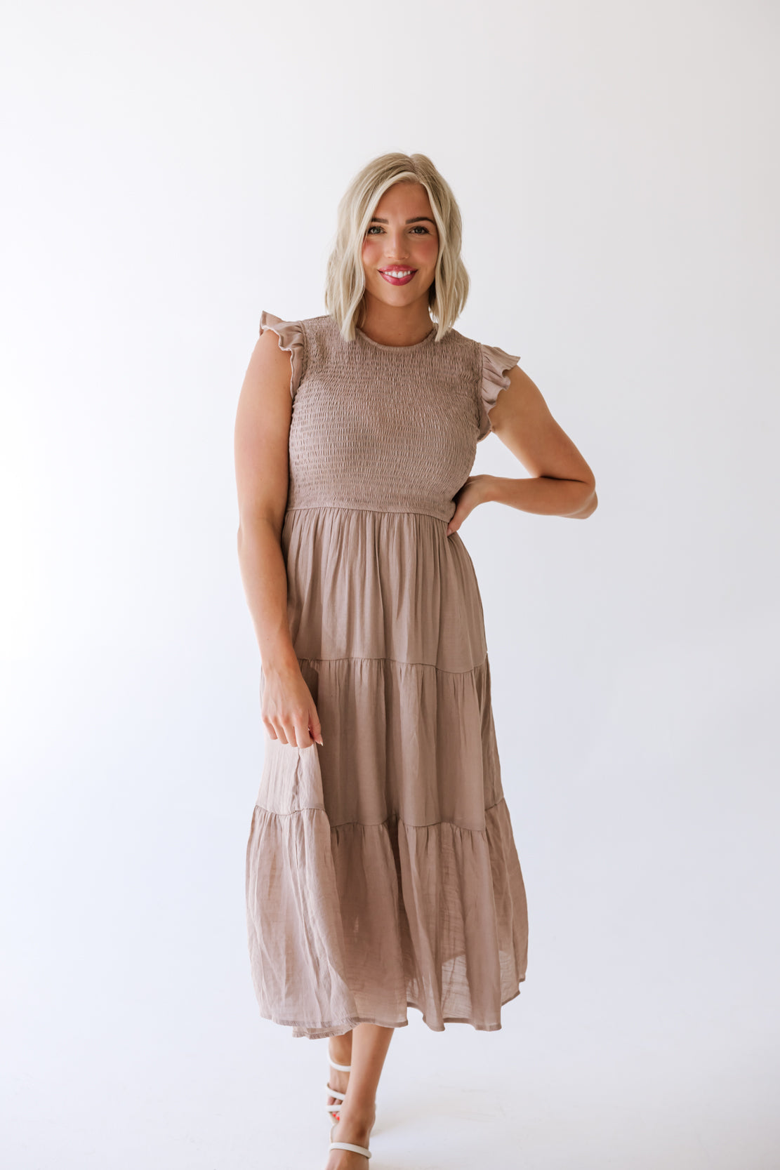 Krysta Smocked Midi Dress | Taupe