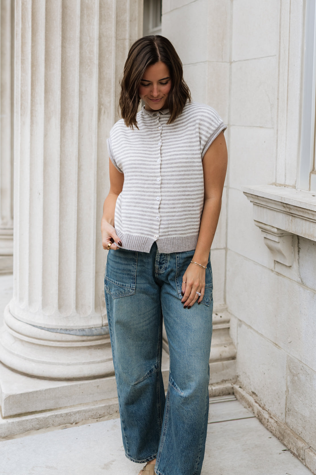 Anna Striped Button Down Cardi | Beige
