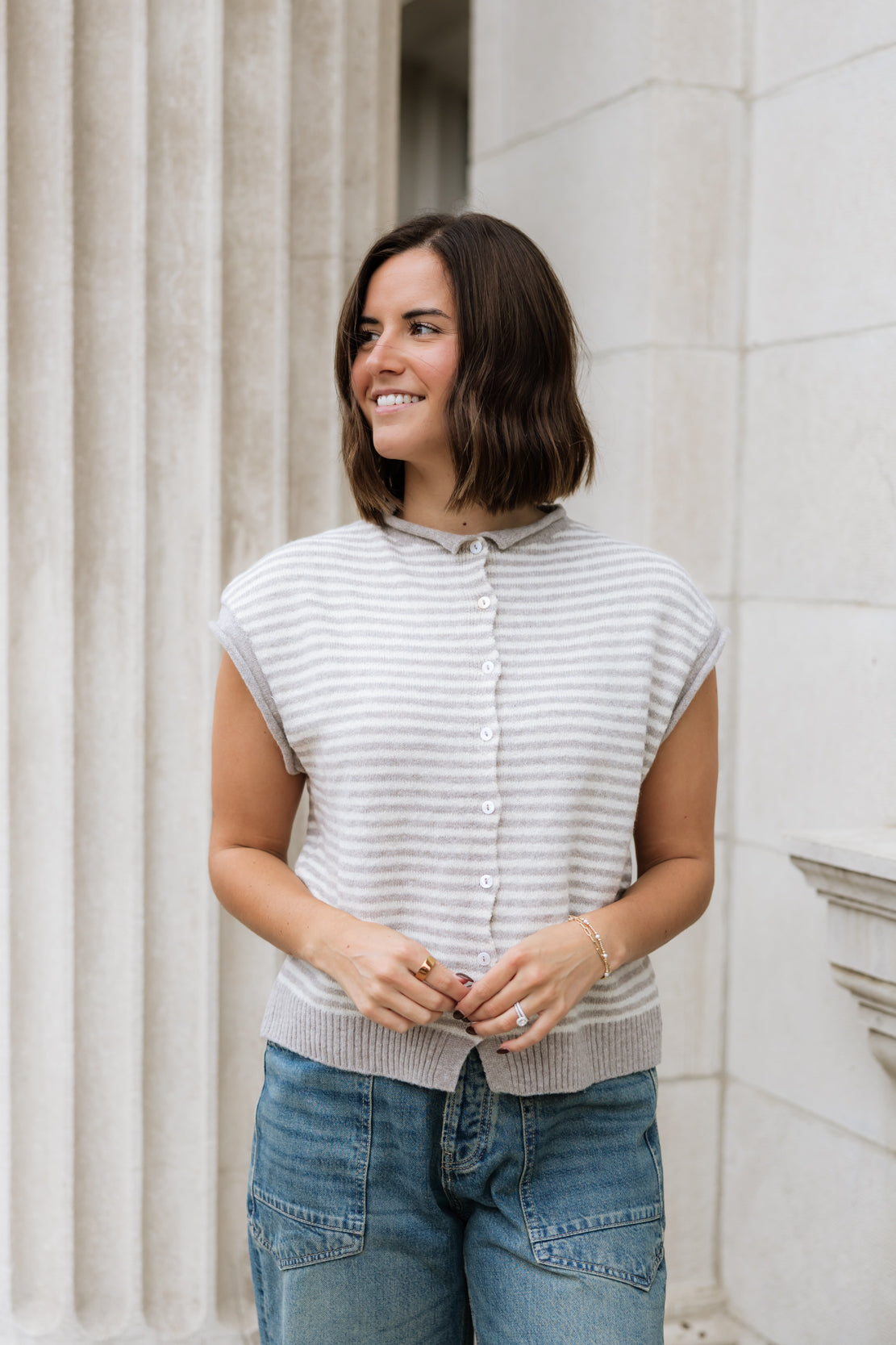 Anna Striped Button Down Cardi | Beige