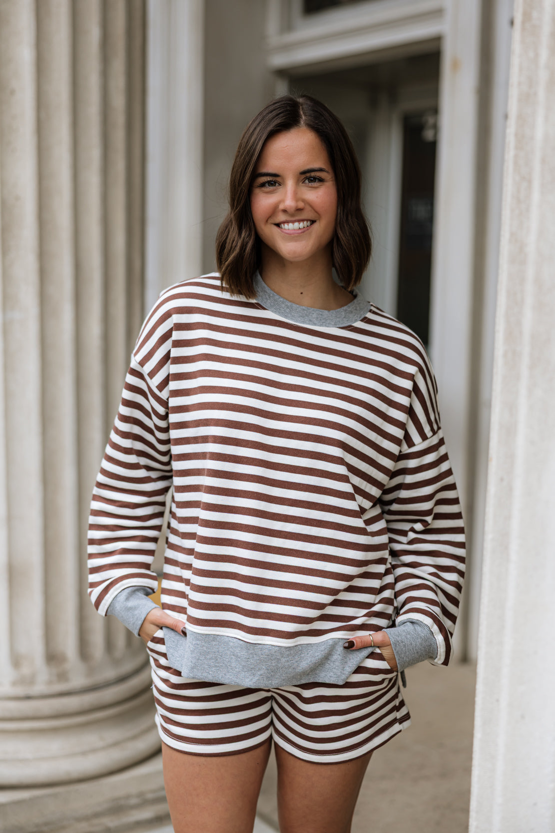 Maggie Striped Crewneck & Short Set | Brown Multi