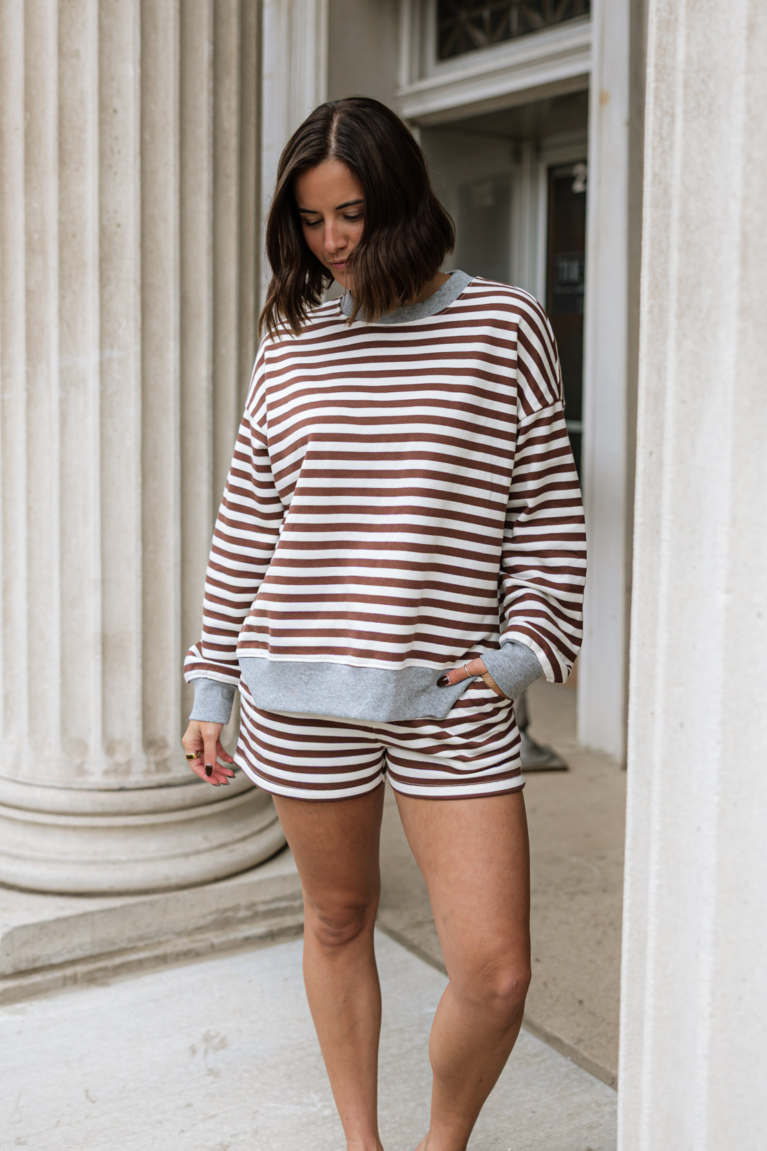 Maggie Striped Crewneck & Short Set | Brown Multi