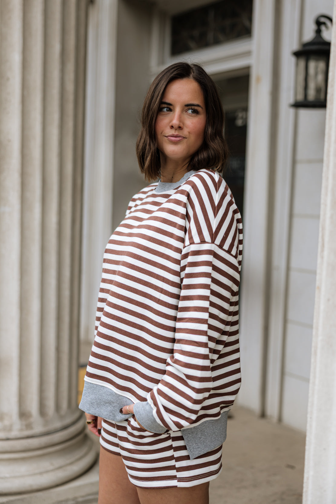 Maggie Striped Crewneck & Short Set | Brown Multi