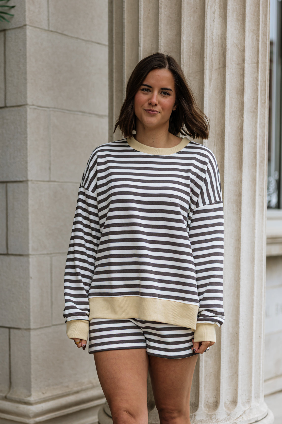 Maggie Striped Crewneck & Short Set | Charcoal Multi