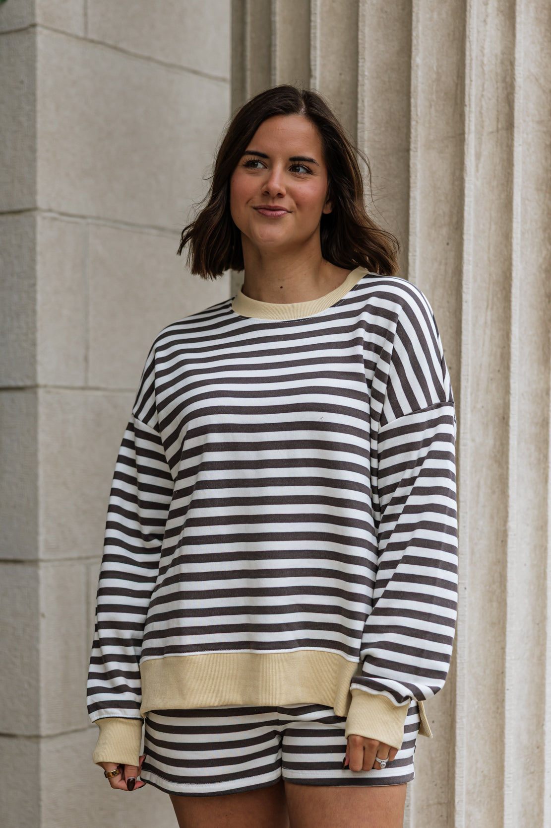 Maggie Striped Crewneck & Short Set | Charcoal Multi