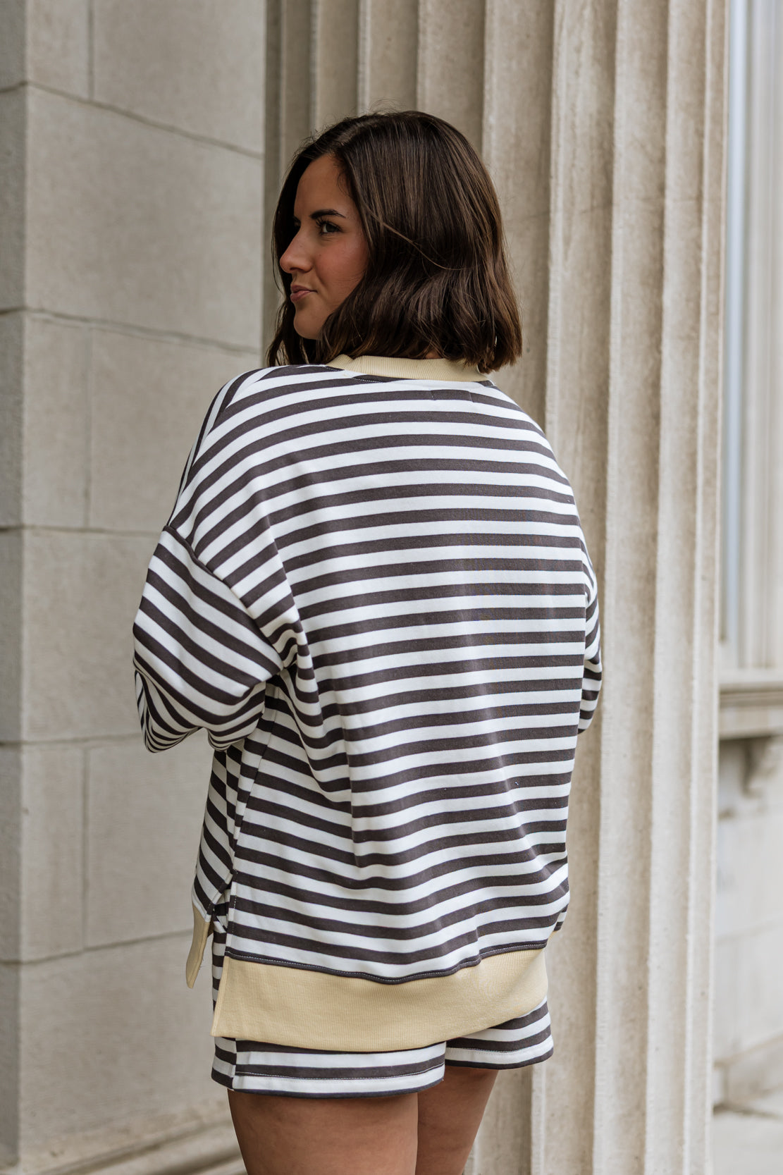 Maggie Striped Crewneck & Short Set | Charcoal Multi