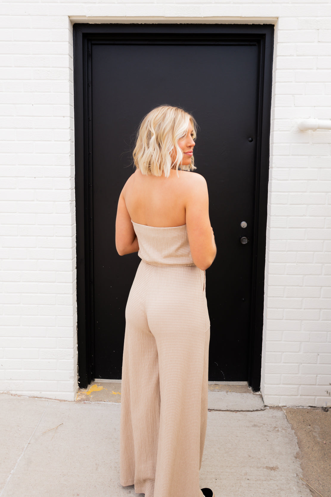 Remi Striped Strapless Jumpsuit | Taupe Ivory