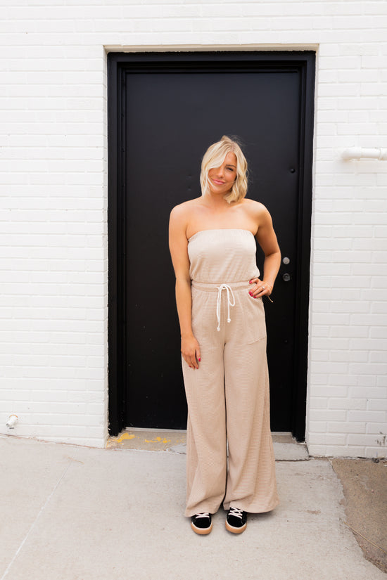 Remi Striped Strapless Jumpsuit | Taupe Ivory