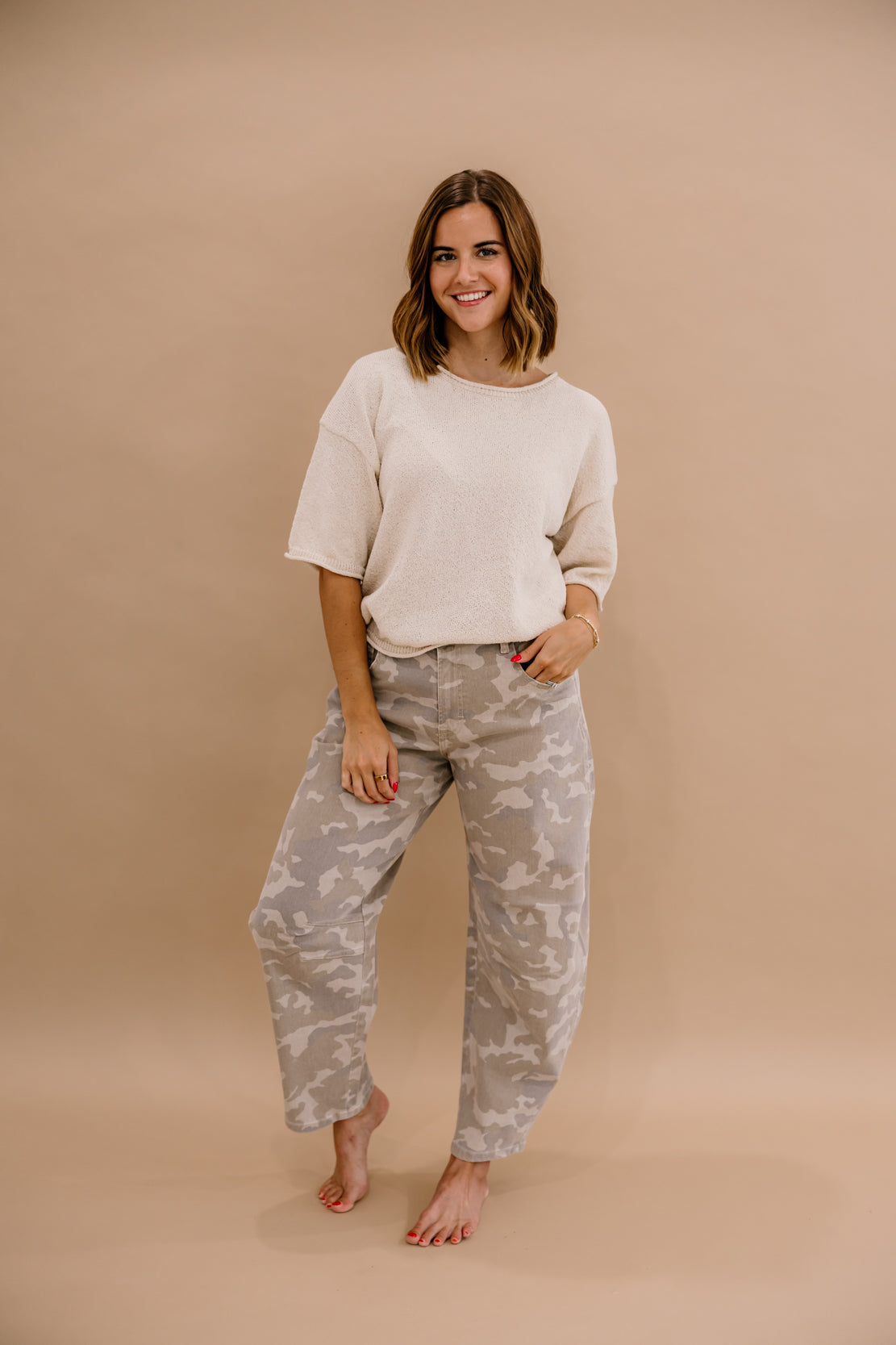 Sammie Cropped Camo Barrel Jean | Tan Camo