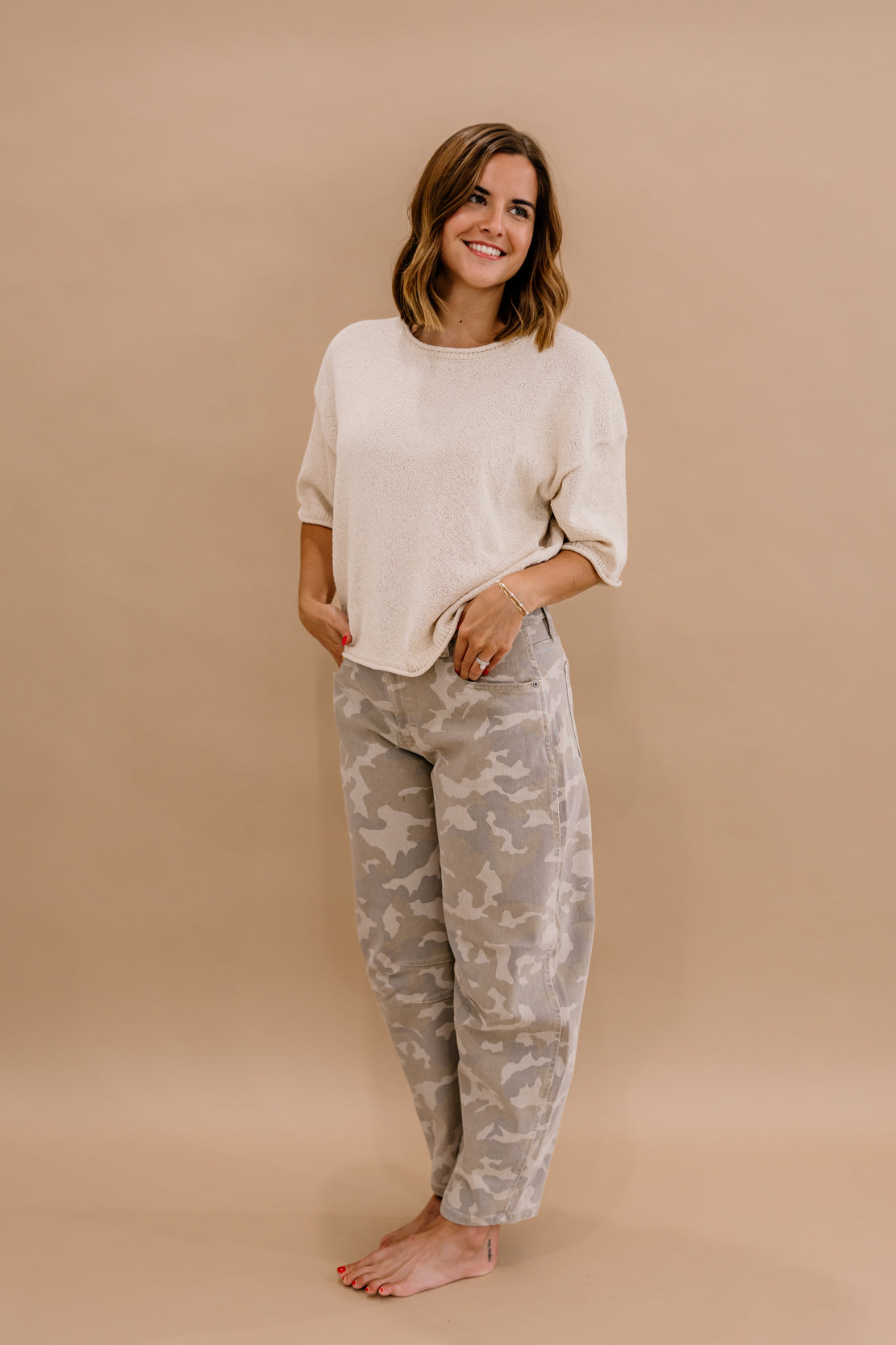 Sammie Cropped Camo Barrel Jean | Tan Camo