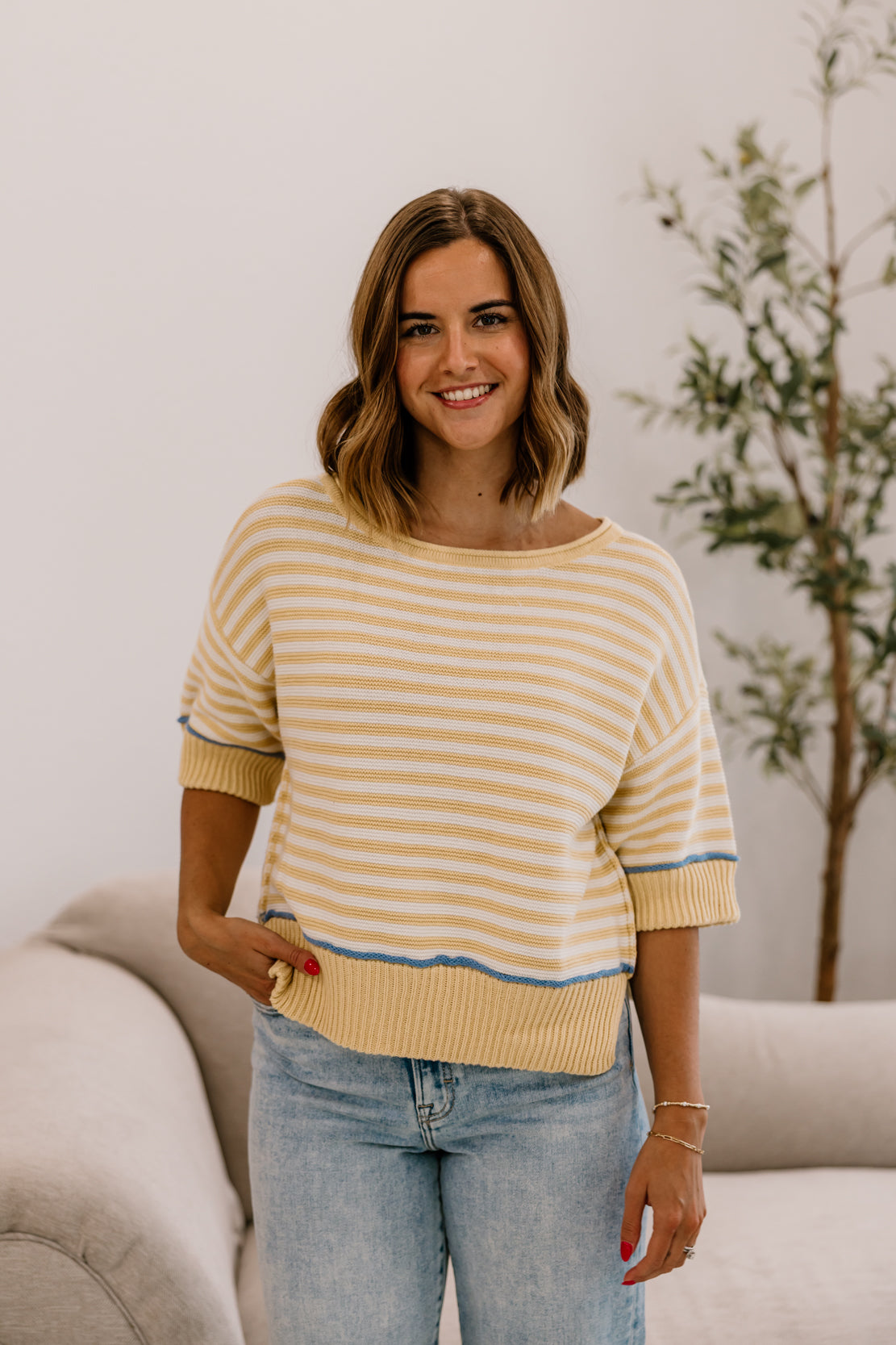 Gigi Striped Contrast Sweater | Butter Yellow