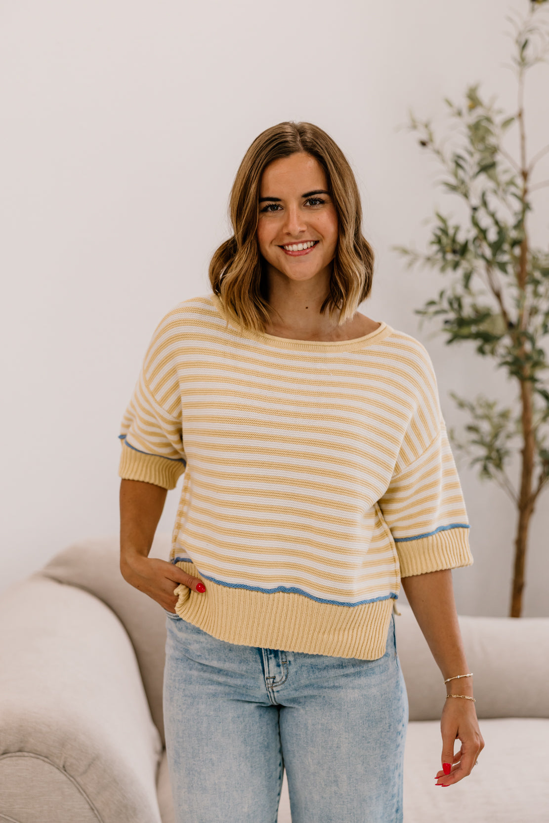 Gigi Striped Contrast Sweater | Butter Yellow