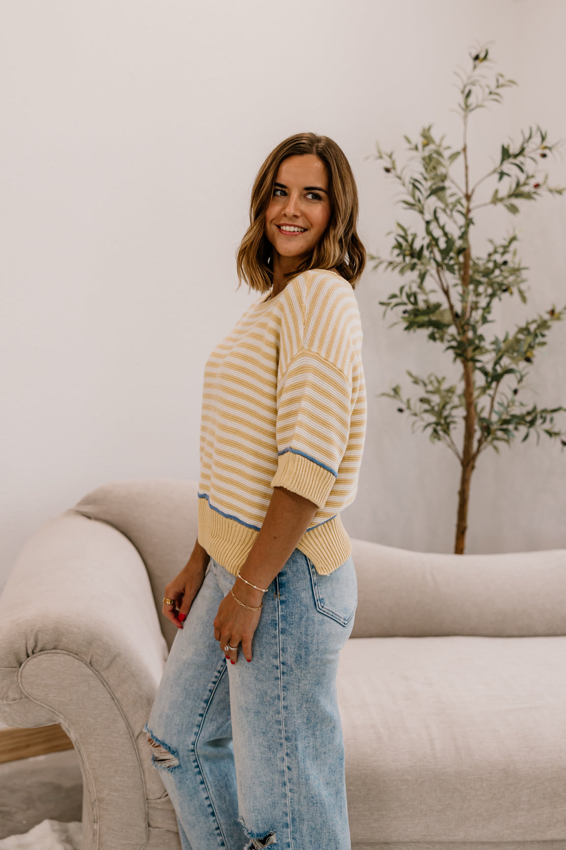 Gigi Striped Contrast Sweater | Butter Yellow