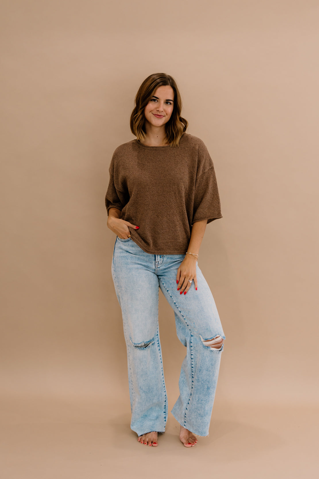 Kendra Boxy Short Sleeve Sweater | Mocha
