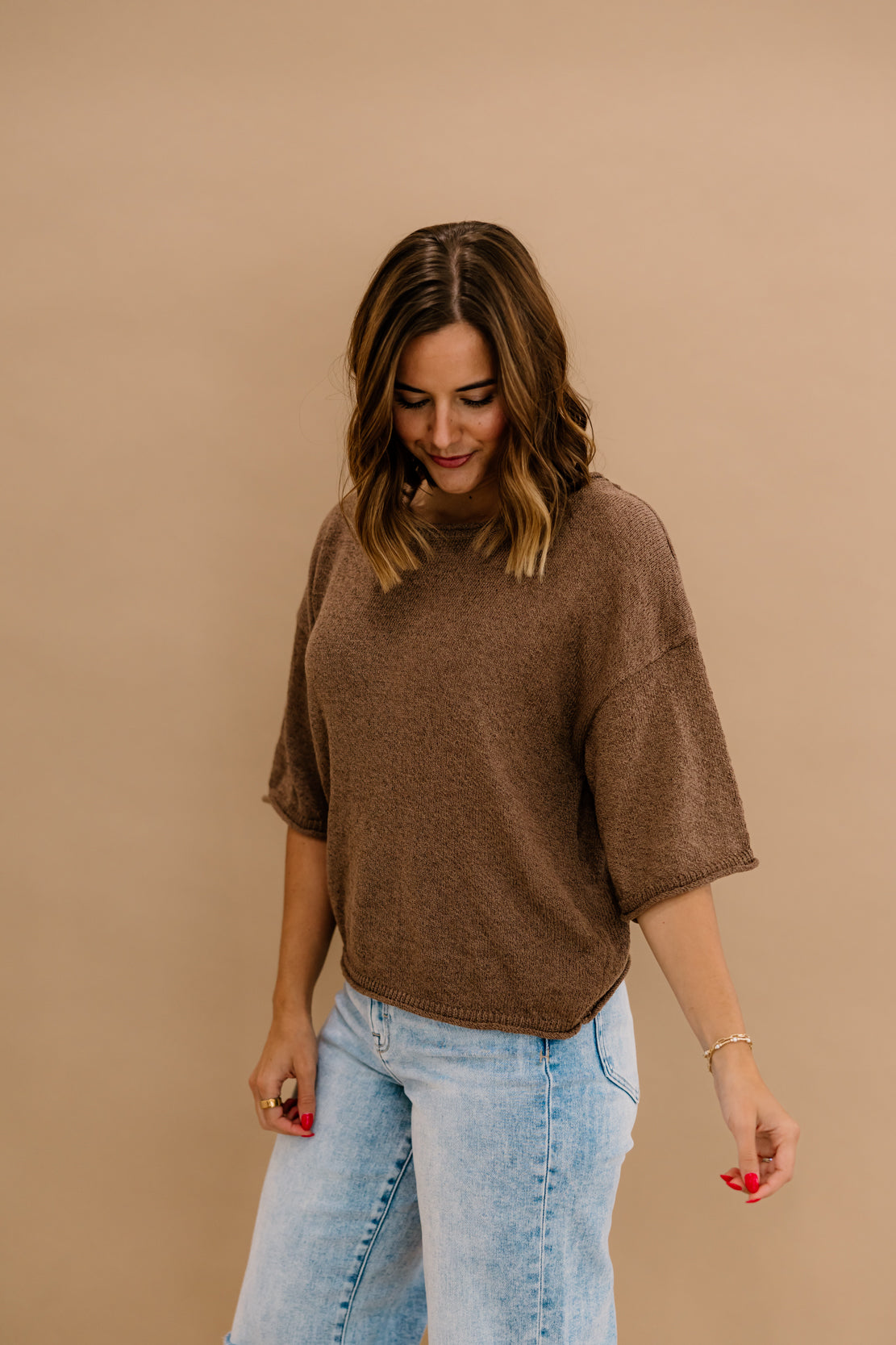 Kendra Boxy Short Sleeve Sweater | Mocha