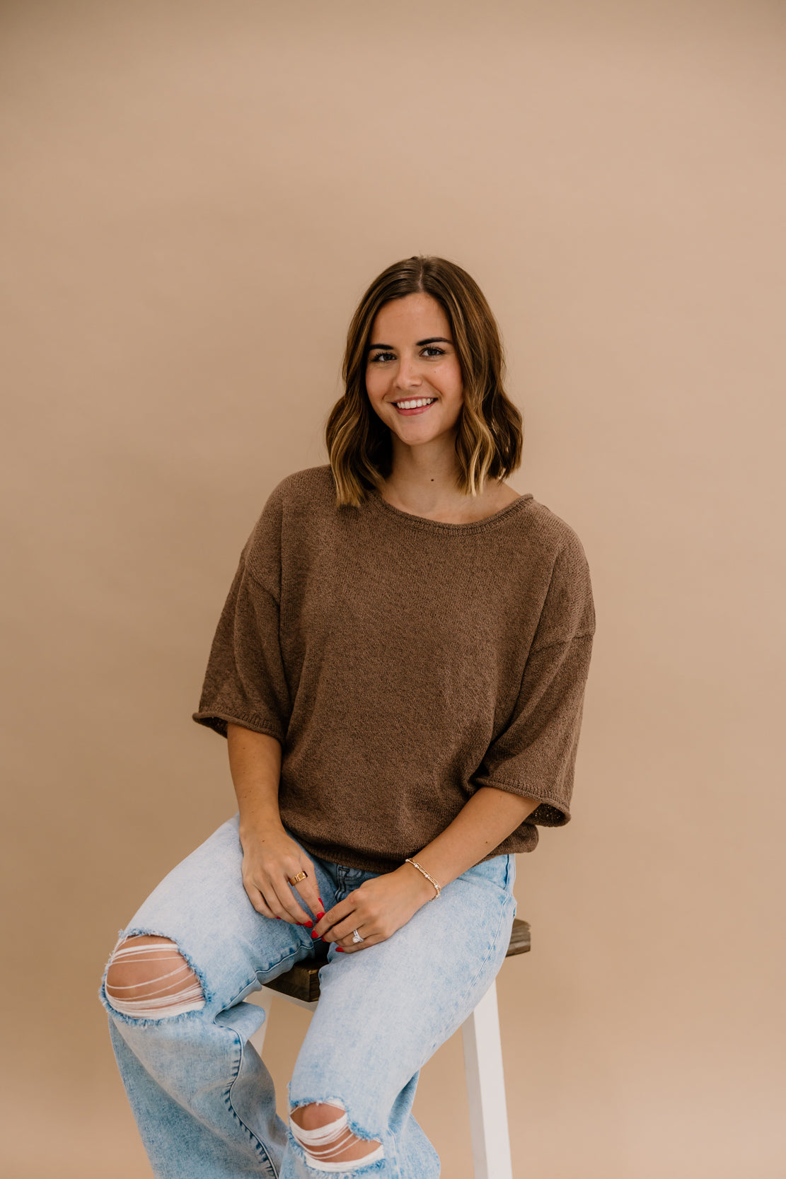 Kendra Boxy Short Sleeve Sweater | Mocha