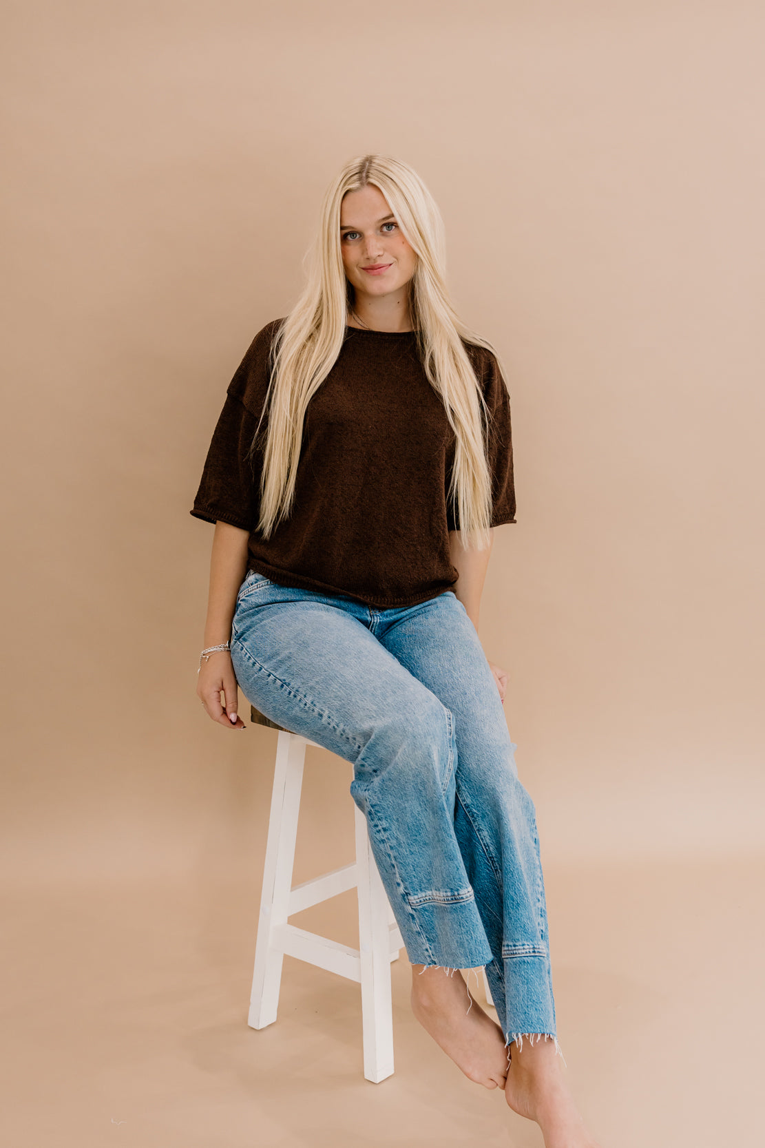 Kendra Boxy Short Sleeve Sweater | Chocolate Brown