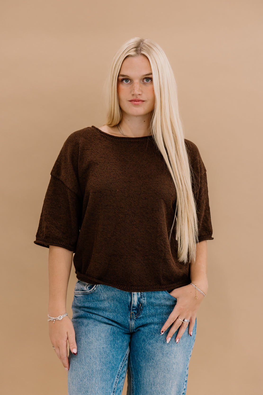 Kendra Boxy Short Sleeve Sweater | Chocolate Brown
