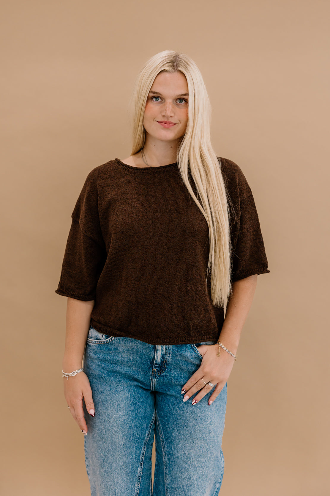 Kendra Boxy Short Sleeve Sweater | Chocolate Brown