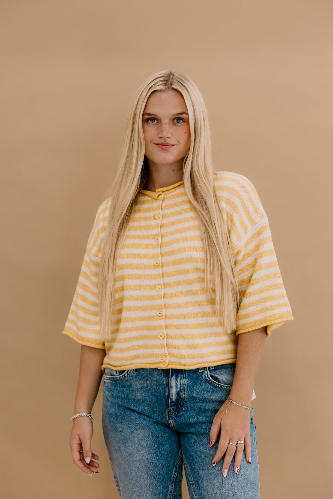 Kelsey Striped Quarter Sleeve Cardi | Light Mustard