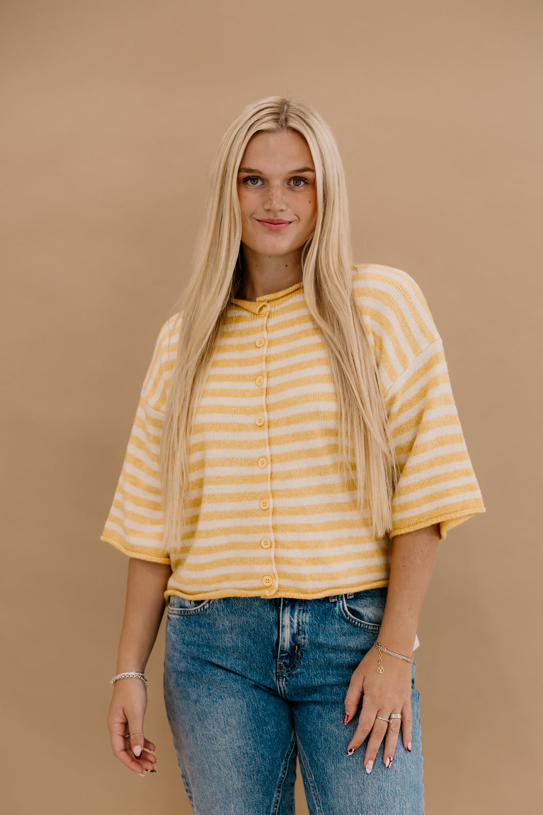 Kelsey Striped Quarter Sleeve Cardi | Light Mustard