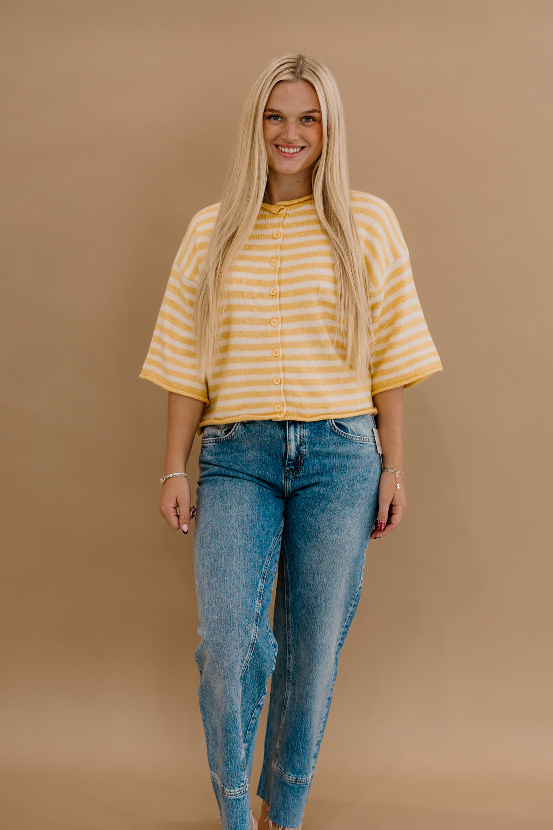Kelsey Striped Quarter Sleeve Cardi | Light Mustard