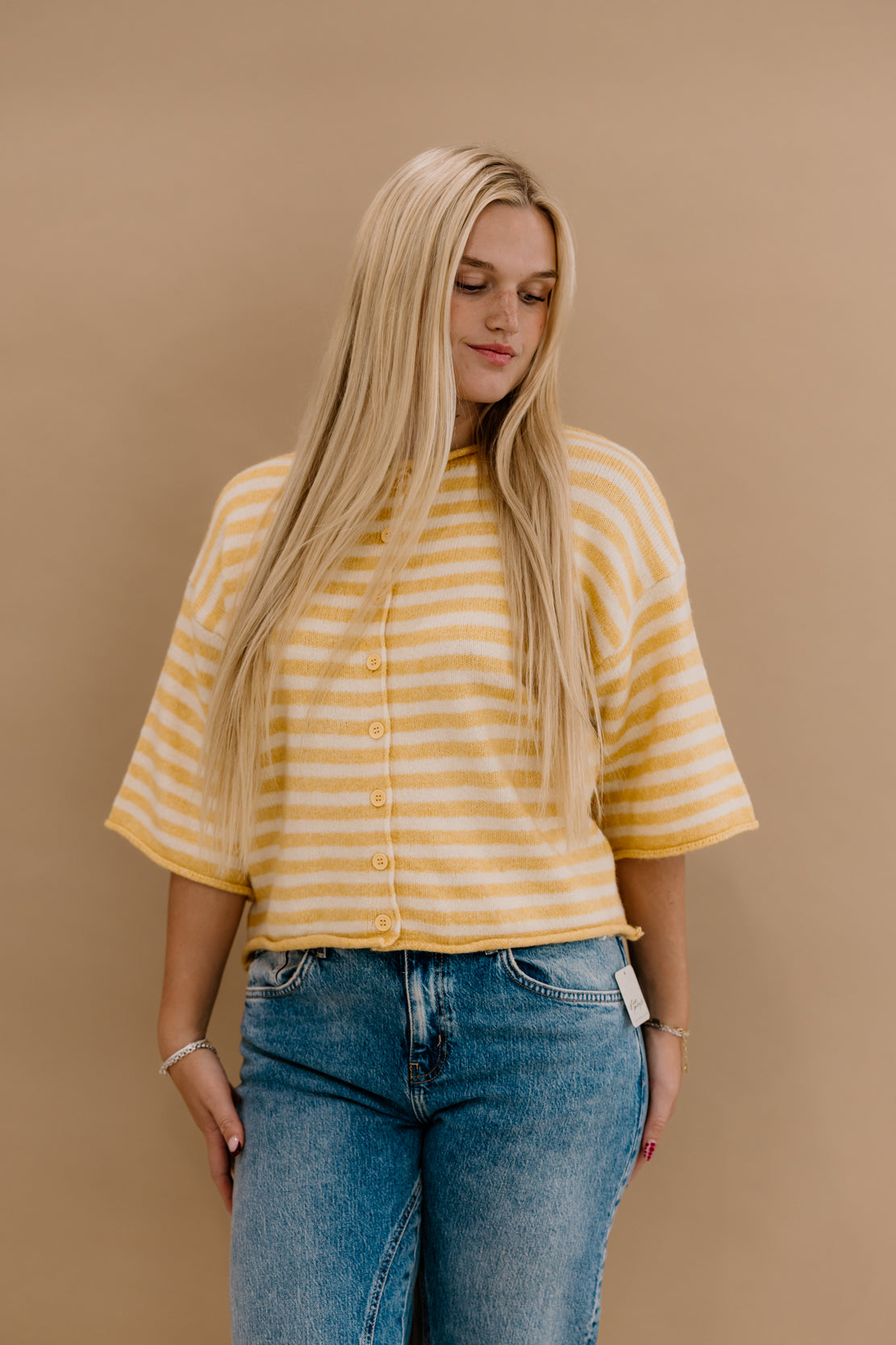 Kelsey Striped Quarter Sleeve Cardi | Light Mustard