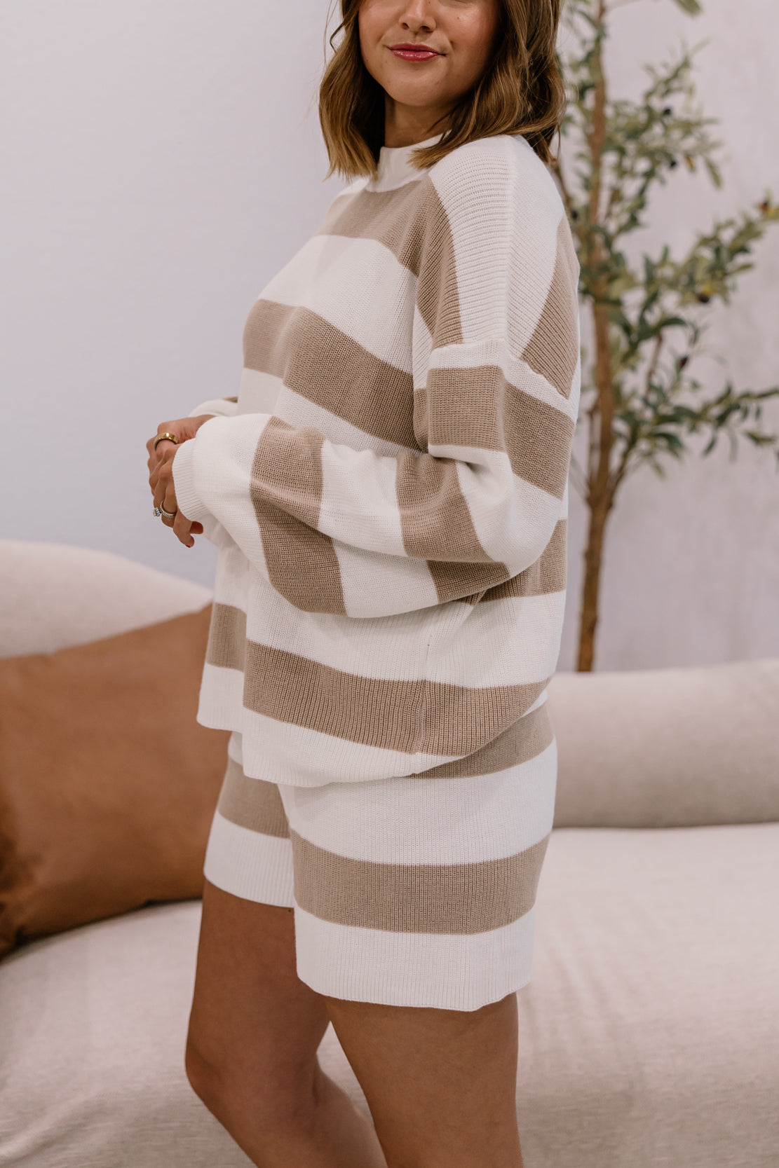 Sammy Striped Short Set | Taupe/White