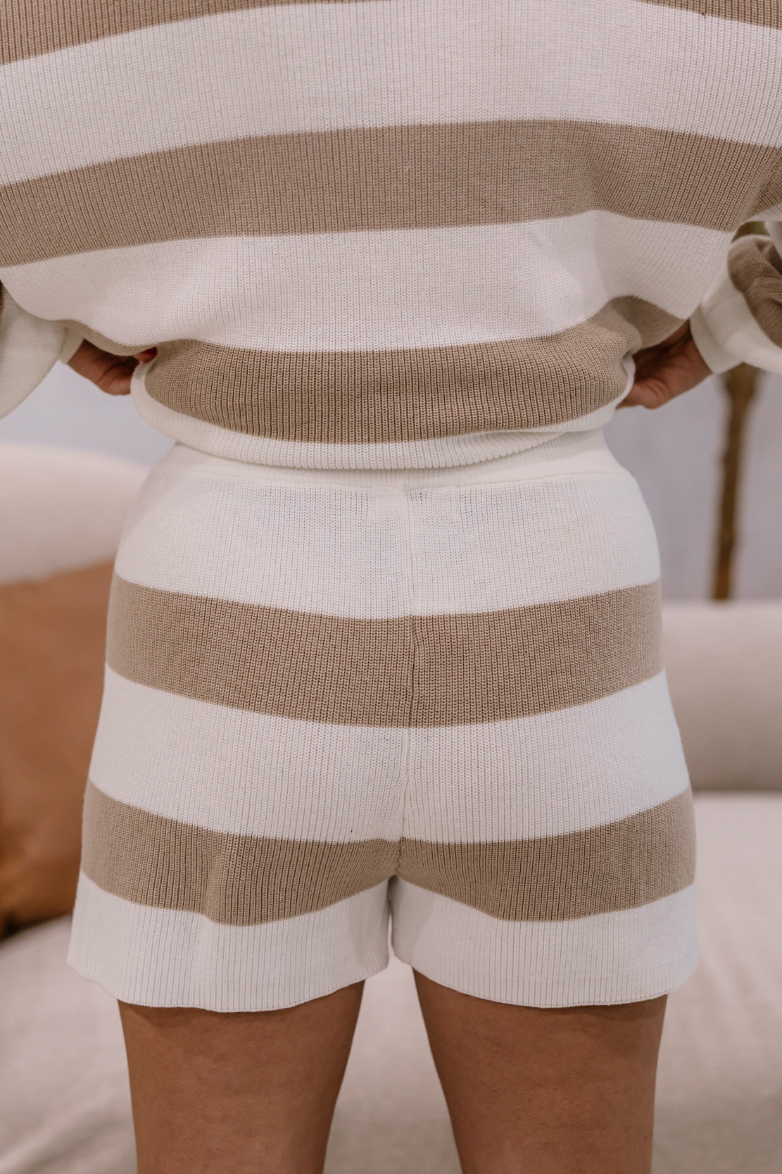 Sammy Striped Short Set | Taupe/White