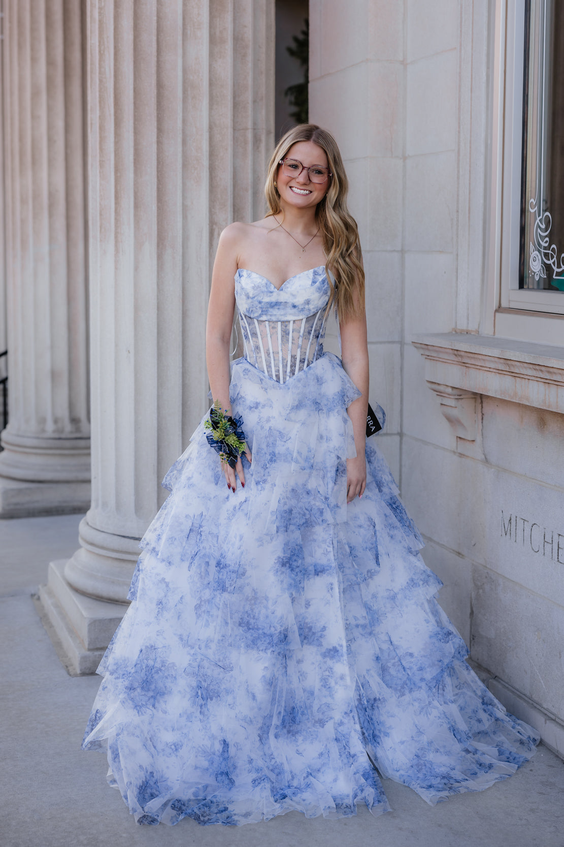 Prom Dress 89181 | Ivory/Blue Print