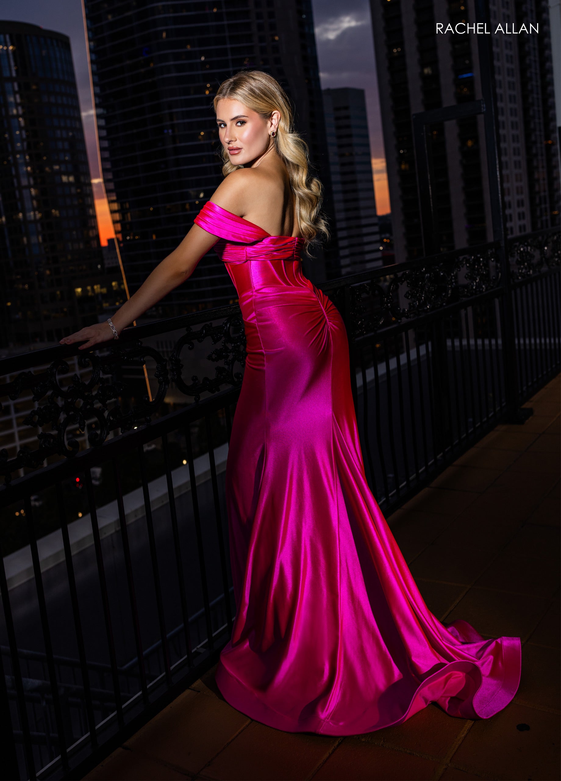 Rachel Allan 70712 Satin Fitted Off Shoulder Slit Gown | FormalDressShops 0 / Hot Pink Rachel Allan 70712 Satin Fitted Off Shoulder Slit Gown | FormalDressShops 0 / Hot Pink