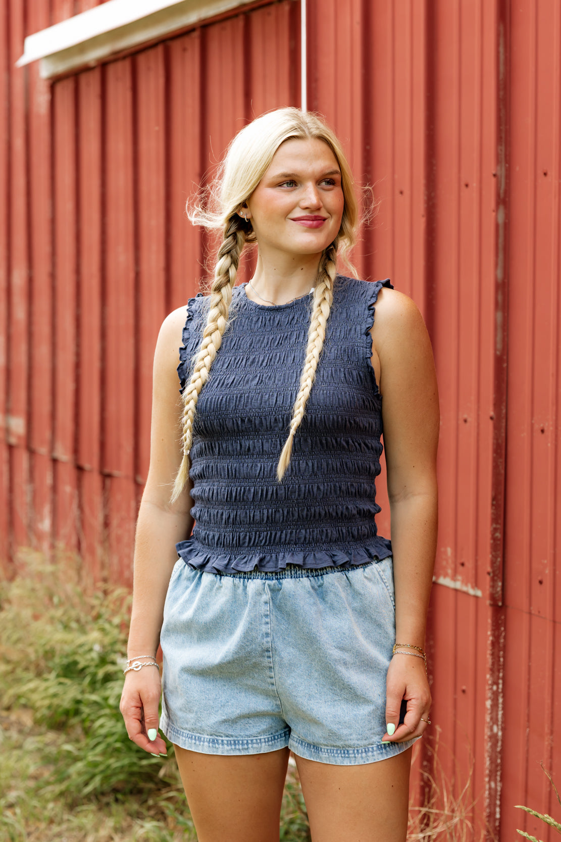 Zara Smocked Top | Navy