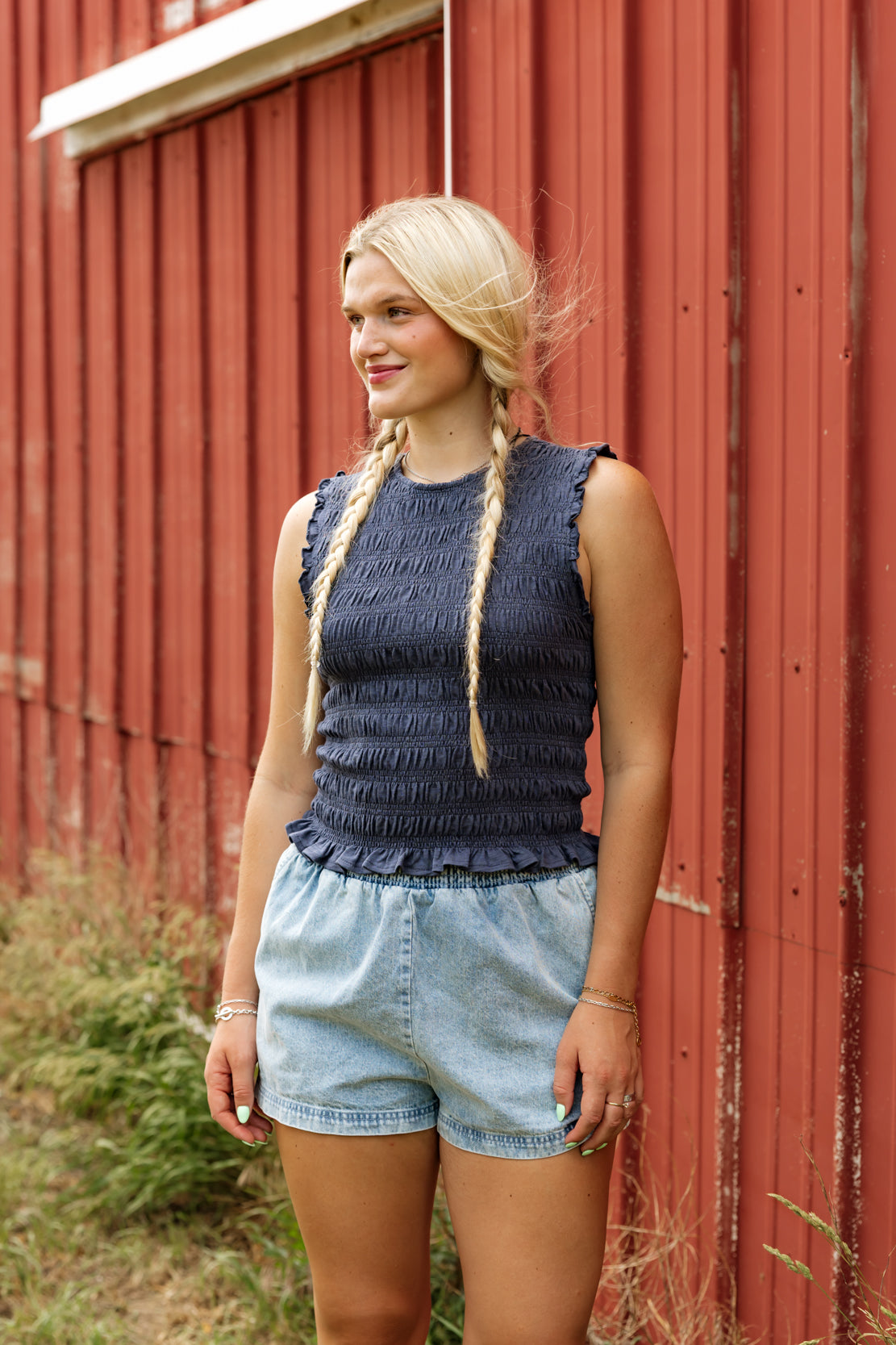 Zara Smocked Top | Navy