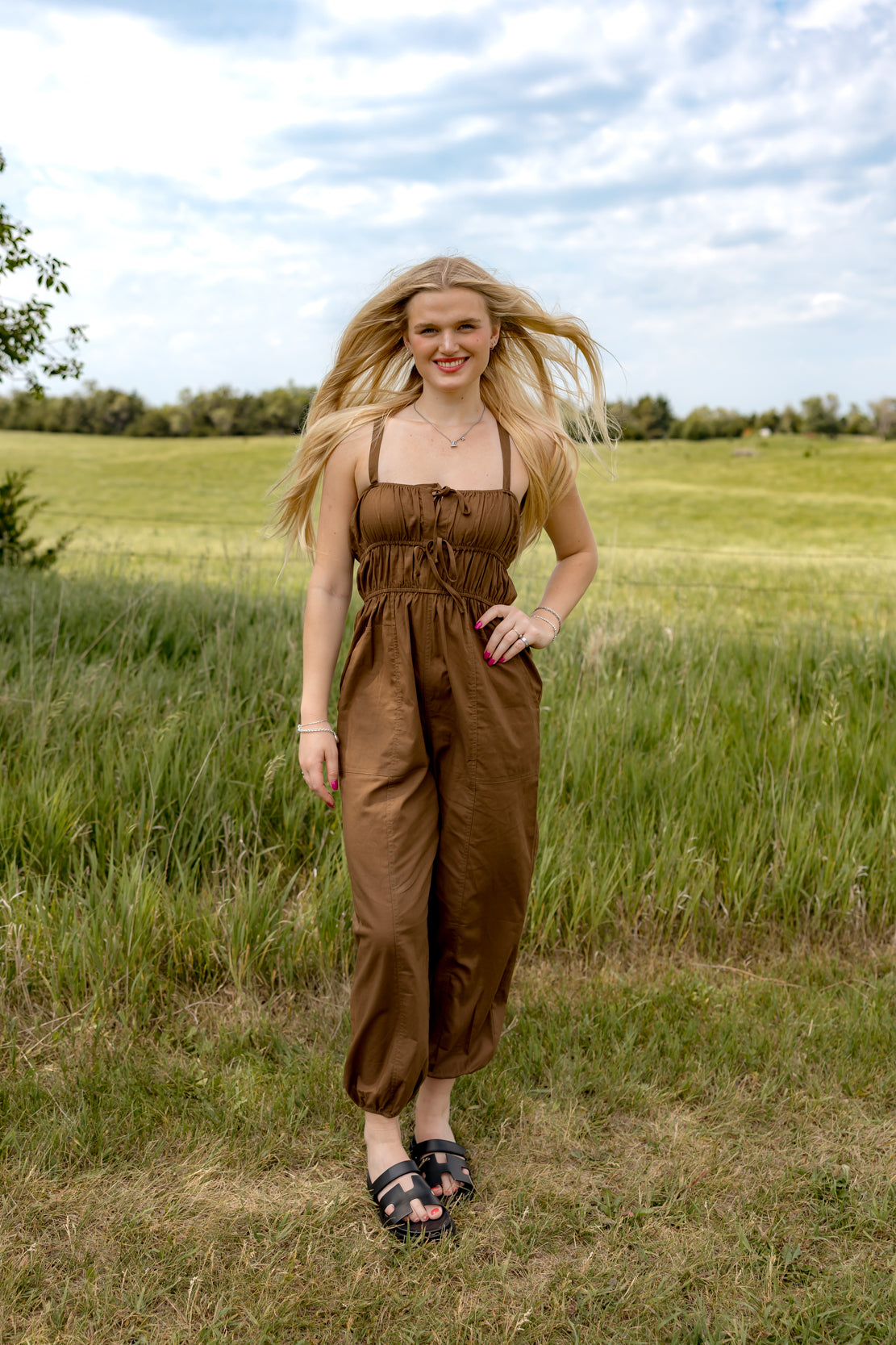 Melissa Shirred Jumpsuit | Brown
