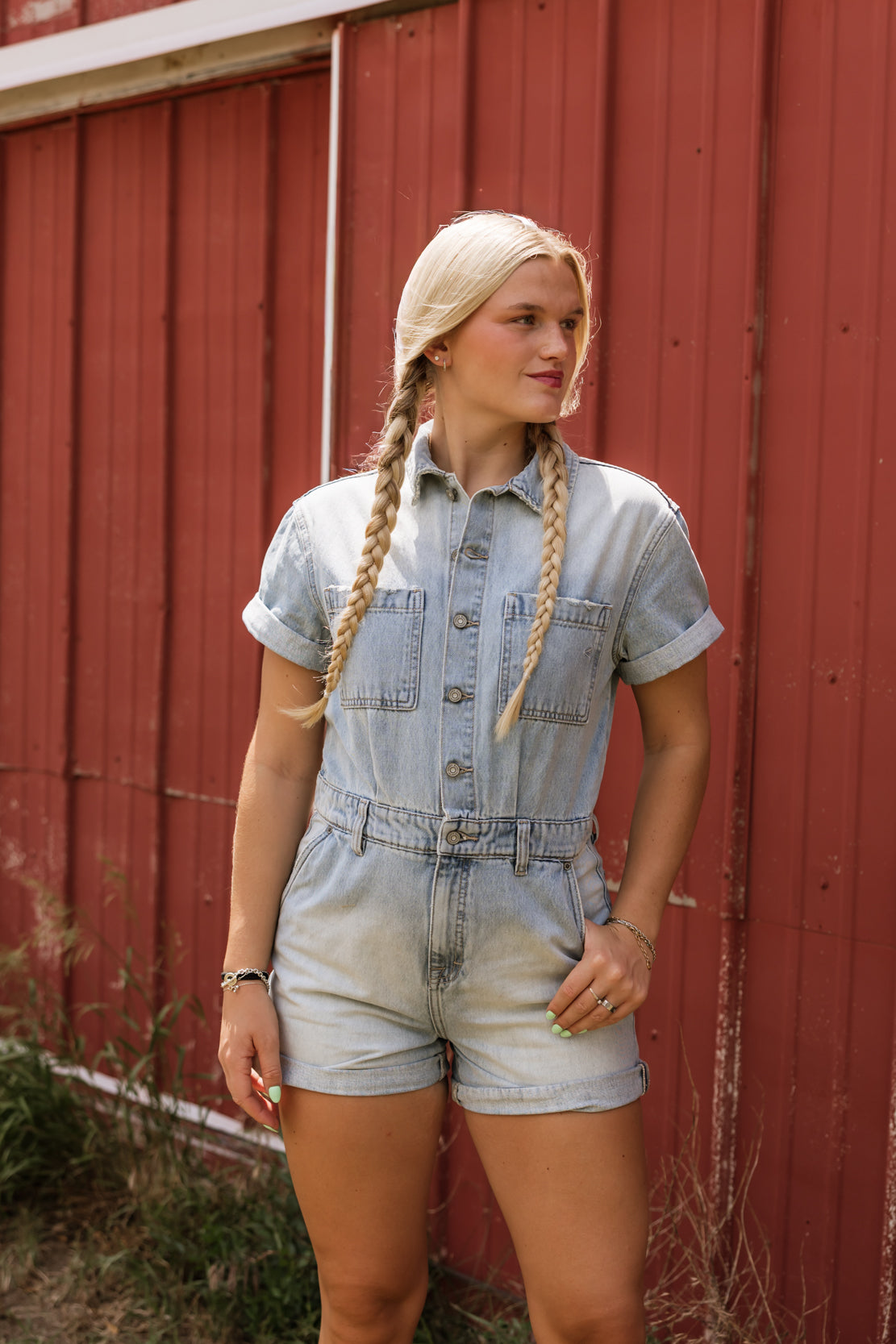 Dylan Denim Short Romper | Medium Light