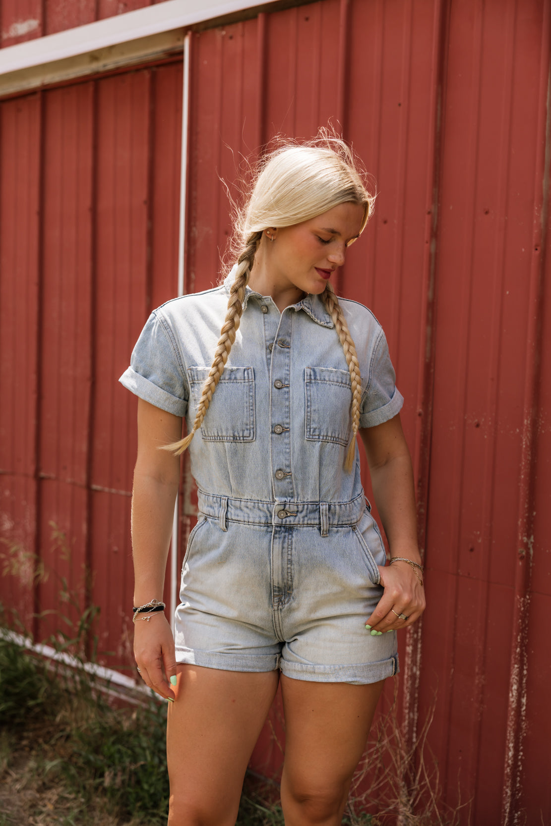 Dylan Denim Short Romper | Medium Light
