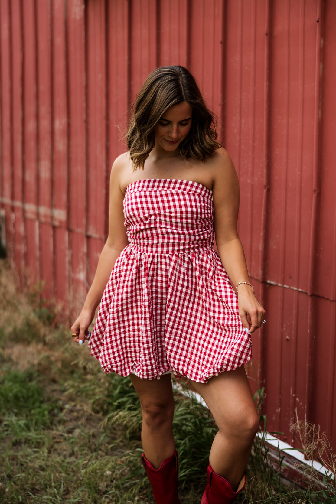 Amelia Gingham Strapless Mini Dress | Red