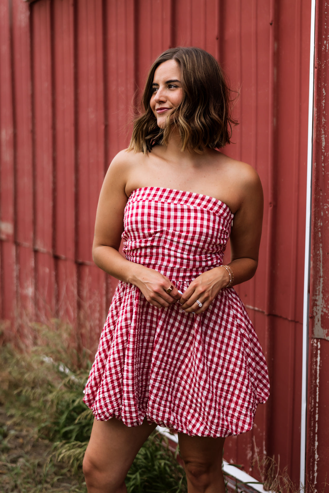 Amelia Gingham Strapless Mini Dress | Red
