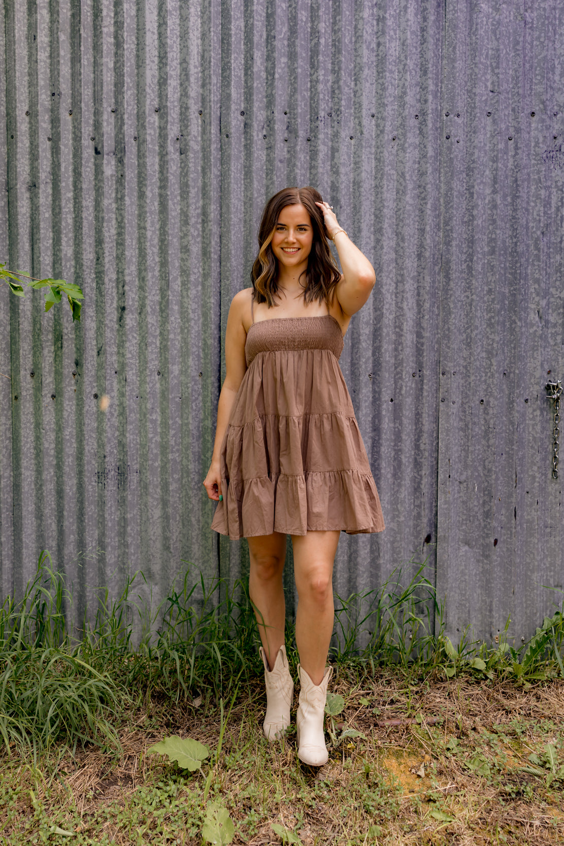 Hallie Smocked Tiered Mini Dress | Brown