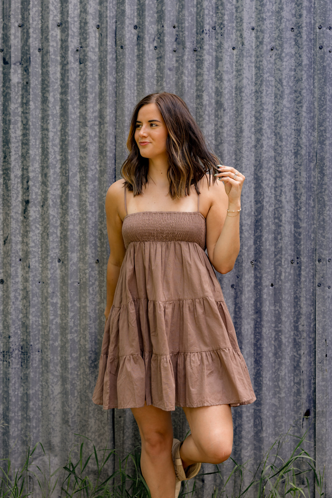 Hallie Smocked Tiered Mini Dress | Brown
