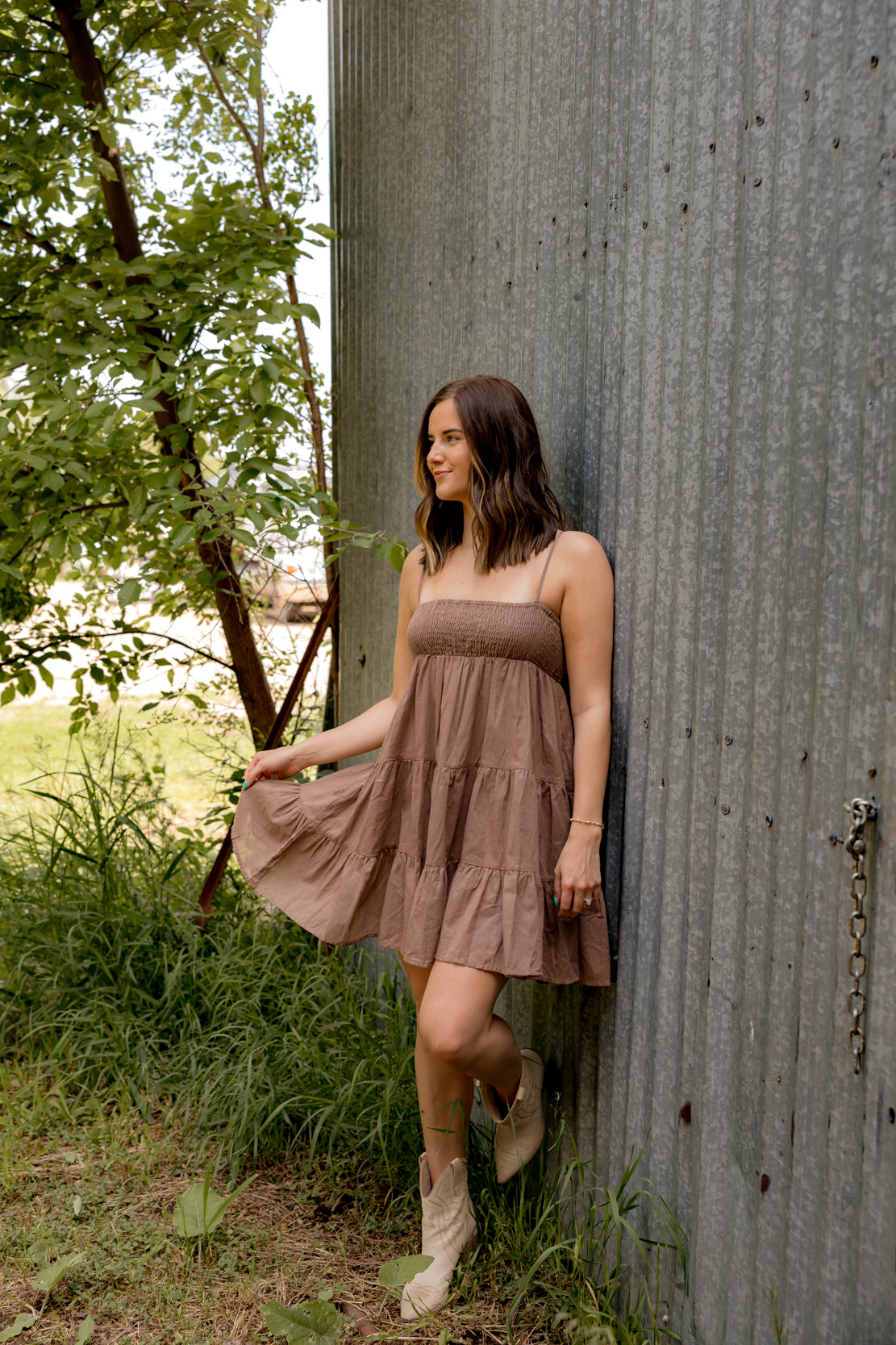 Hallie Smocked Tiered Mini Dress | Brown
