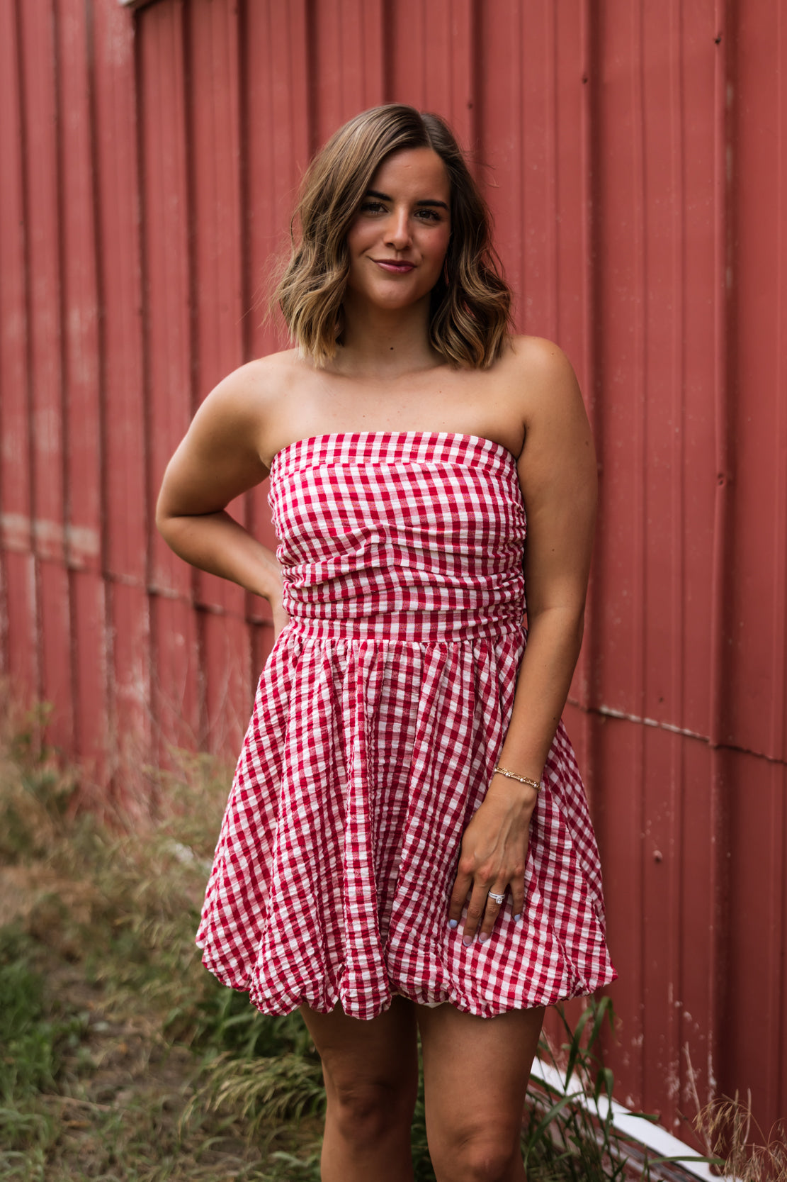Amelia Gingham Strapless Mini Dress | Red