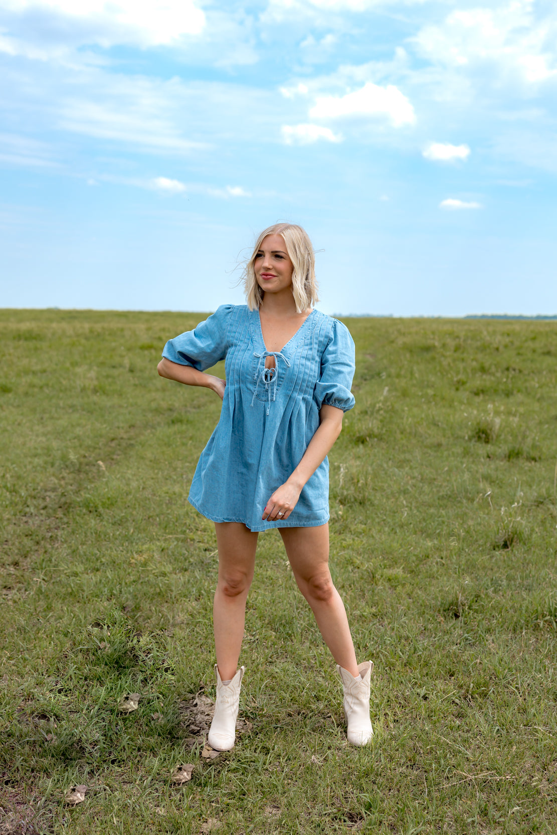 Josie Puff Sleeve Pleated Romper | Denim Blue