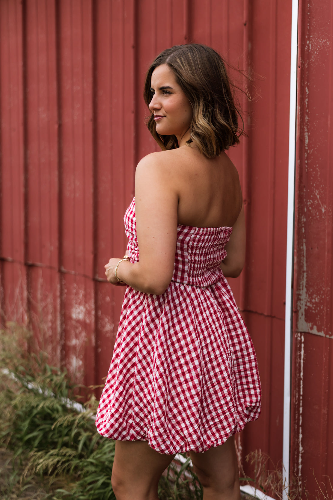 Amelia Gingham Strapless Mini Dress | Red