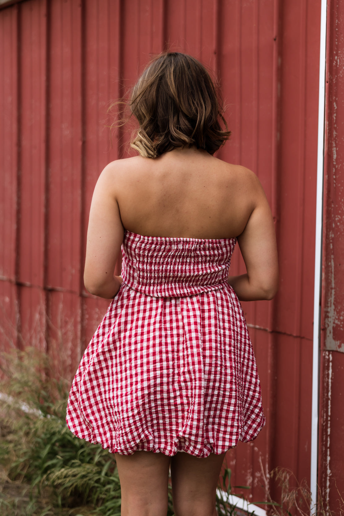 Amelia Gingham Strapless Mini Dress | Red